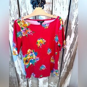 Lauren Ralph Lauren Boatneck Tee Size Large Red with Flowers Short Sleeve